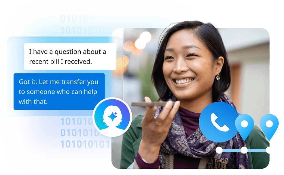 Smiling woman on the phone, next to a chat in which a customer request is transferred to an agent, with the AI assistant icon